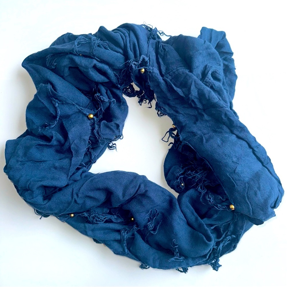 Royal Blue Infinity Scarf with Ruffled Texture and gold beads